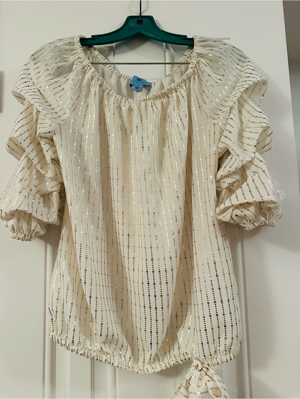 CeCe Gold Metallic Off the Shoulder Blouse with Shirred Puff Sleeves Small